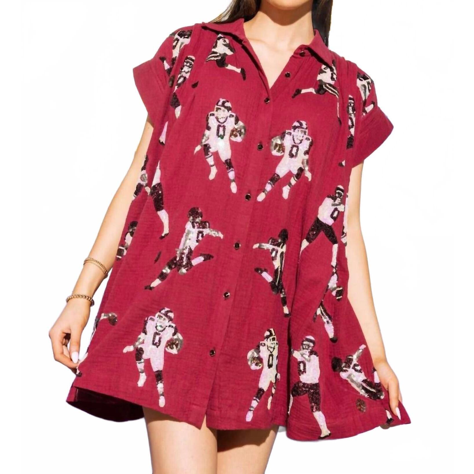New Queen Of Sparkles Football Player Gauze Dress In Maroon & White